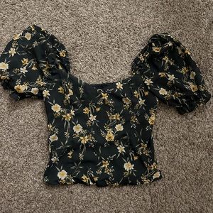 Abercrombie & Fitch Black Floral Corset Top with Puff Sleeves and Smocked Back